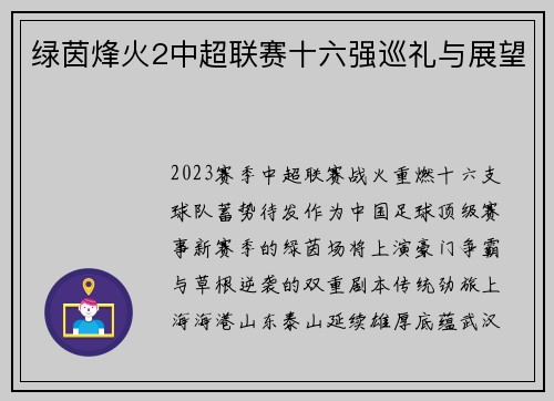 绿茵烽火2中超联赛十六强巡礼与展望