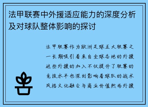 法甲联赛中外援适应能力的深度分析及对球队整体影响的探讨