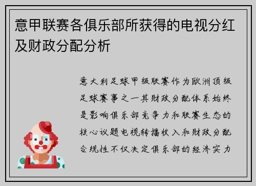 意甲联赛各俱乐部所获得的电视分红及财政分配分析