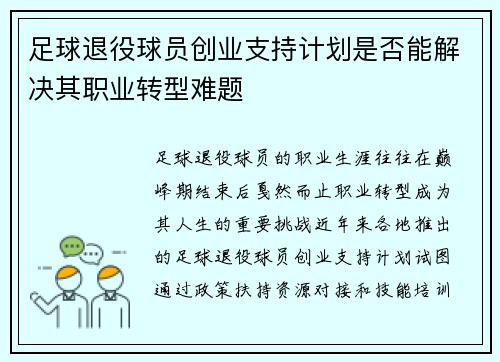 足球退役球员创业支持计划是否能解决其职业转型难题